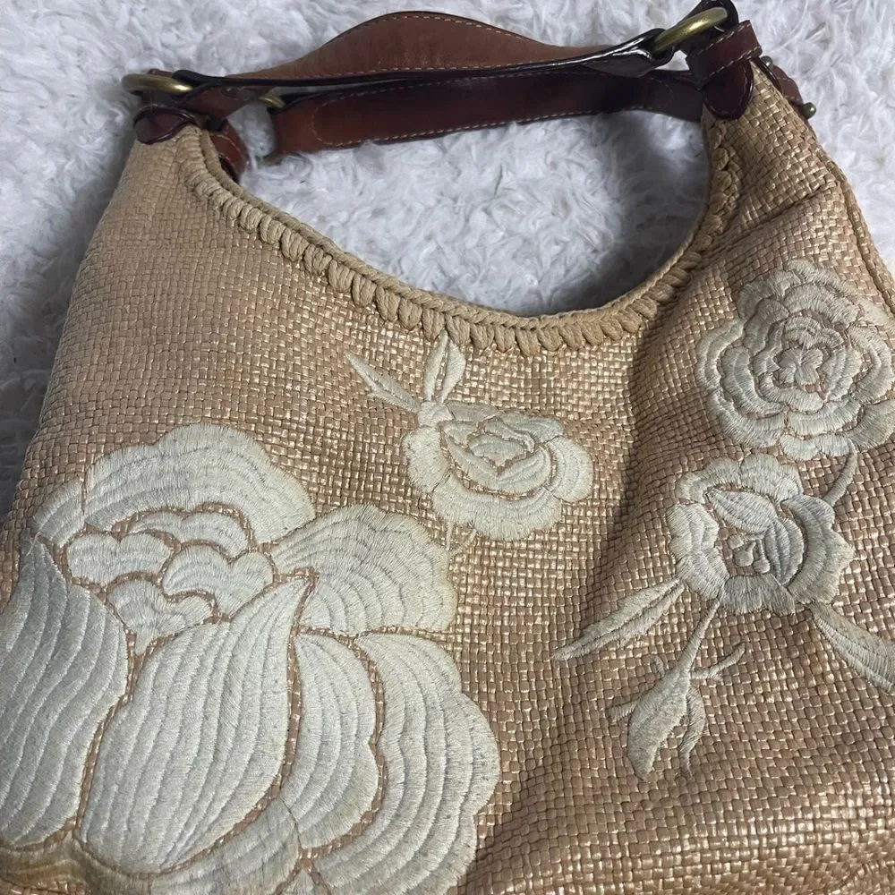 Forth & Towne Cognac synthetic woven Satchel beige embroidery tan leather straps